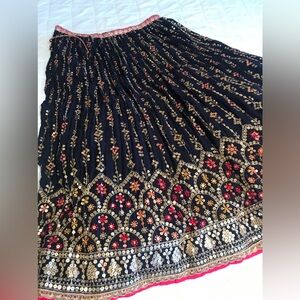 Vintage Lehenga Choli Dupatta Set Hand Embroidered Navy Blue & Gold 3pc Raw Silk